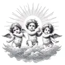 three Cherubs side by side with sun rays above and clouds below  tattoo design idea