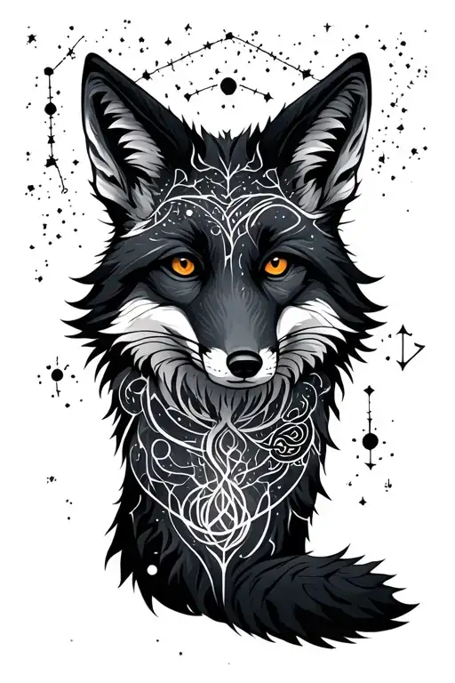 Artic Fox full body in front of Leo constellation intertwined tattoo design idea