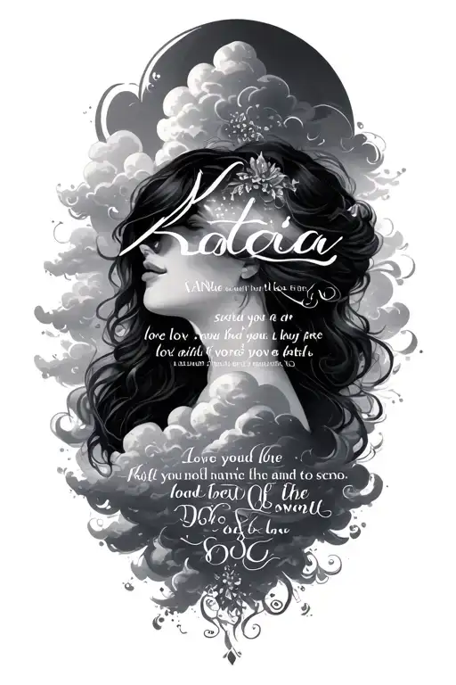 the name katia with a bible verse about love and clouds tattoo design idea