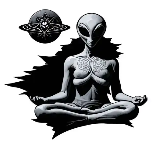 sacred  aliens meditating sitting in  crosslegged with a murkaba floating above  tattoo design idea