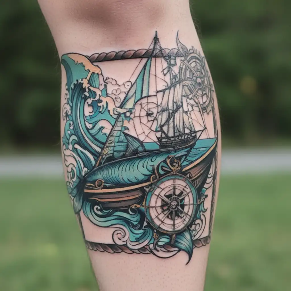 Ocean with boat fishing and compass design combining elements tattoo design idea