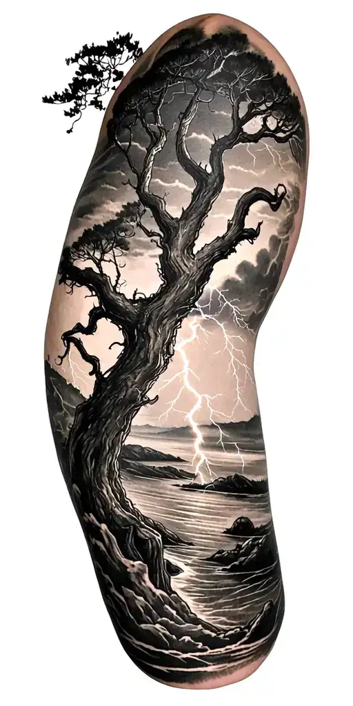 rume and tree and lightning tattoo design idea