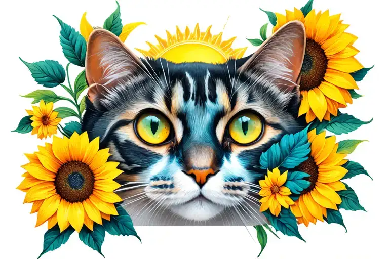 cat flowers moon sun hippie inspired sunflower tattoo design idea