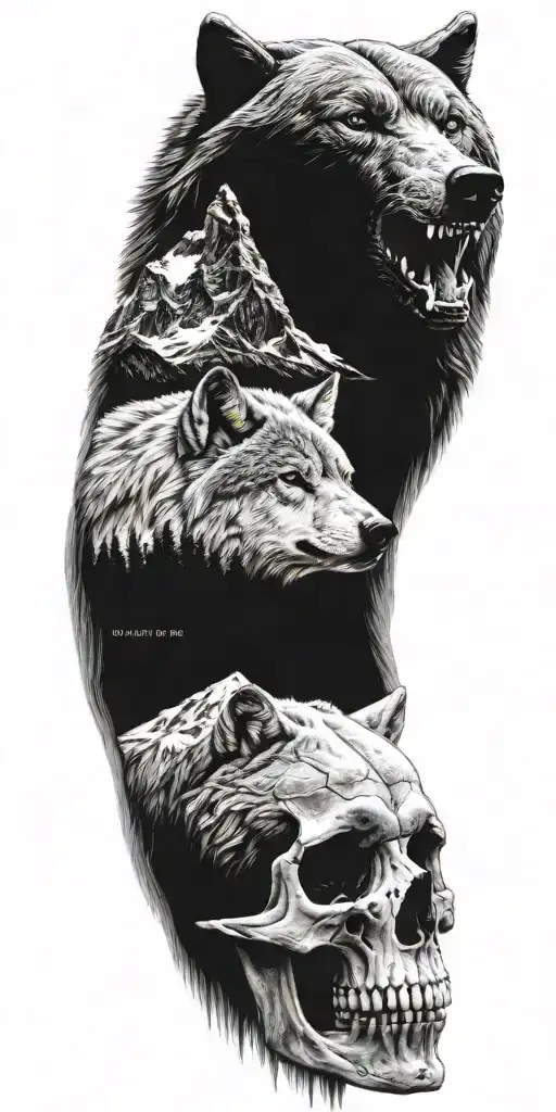 wolf, bear, skull, with moutain range tattoo design idea