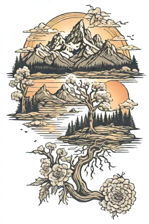 Grand Teton Mountains, sunset, abstract, the grand prismatic, trees, flowers, weird  tattoo design idea