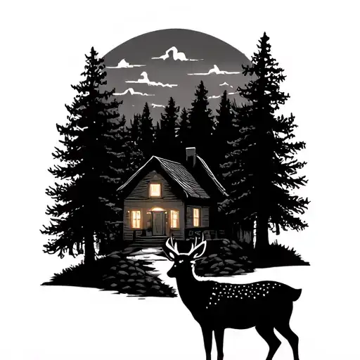 Deer in forest near house at dusk tattoo design idea
