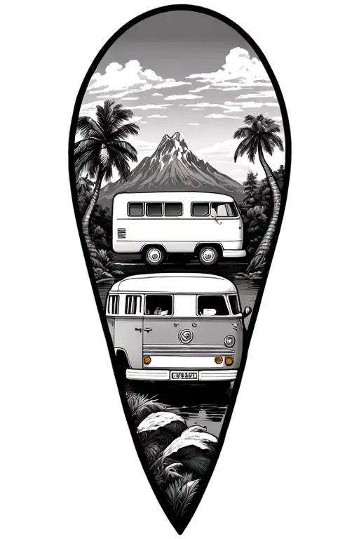 fine line tattoo of campervan with palm tree on one side and mountain on the other. should be maximum two inches high. tattoo design idea