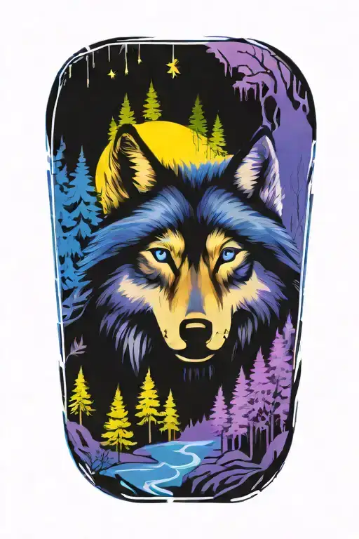 wolf blue eyes forest landscape tattoo design idea
