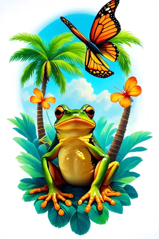 frog, palm trees, butterfly flying tattoo design idea