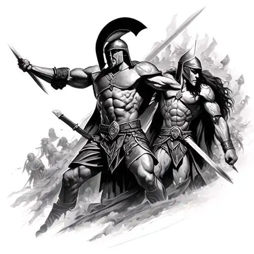 spartan warriors battle scene full sleeve tattoo tattoo design idea