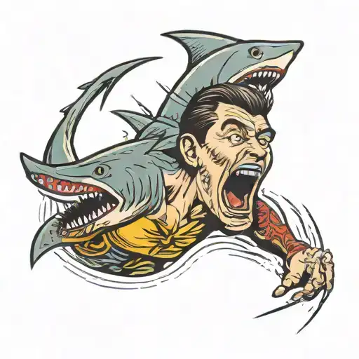 man with a sharks head hit by lightning tattoo design idea