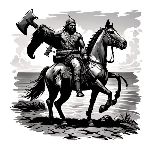Horse with an African guerro with an ax at a crossroads of 4 with the sea in the background and a river next tattoo design idea