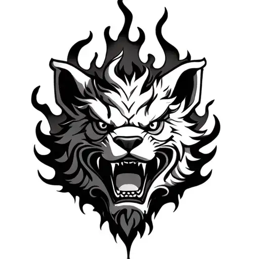 chest tattoo of face of foo dog on fire tattoo design idea
