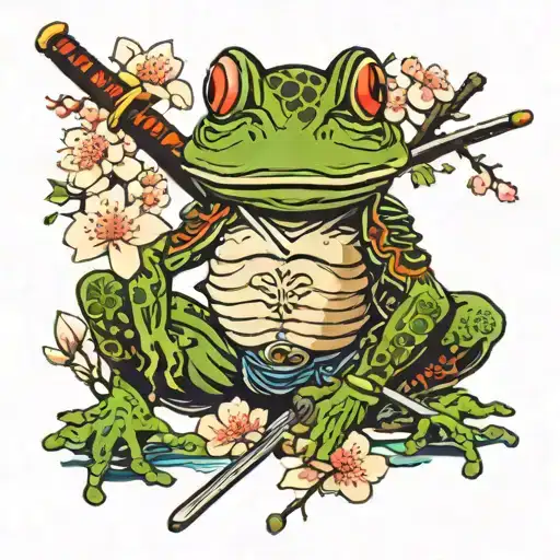 samurai frog with sword and cherry blossom tattoo design idea