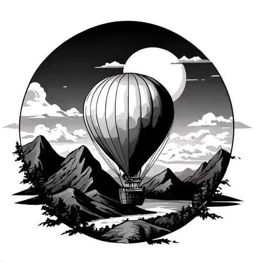 Hot Air Balloon with mountains and the sun tattoo design idea