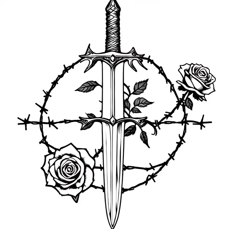 sword with a rose as the hand guard warpped in barb wire tattoo design idea