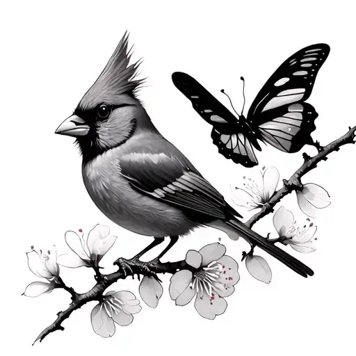 cardinal and butterfly and cherry blossoms blooming tattoo design idea
