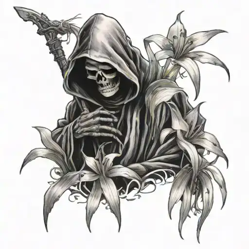 A black and grey photorealistic small cute grim reaper looking at and holding a tiny spider lily tattoo design idea