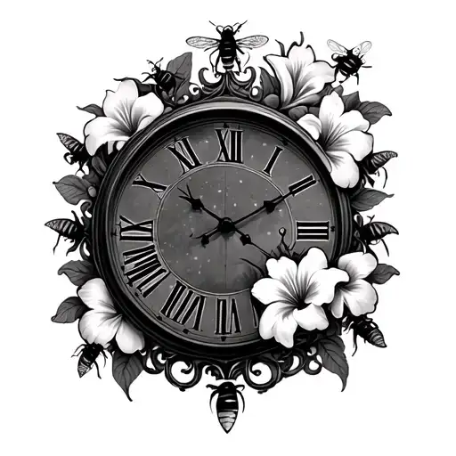 clock with roman numerals with alot of bees around around the clock Lily's and hibiscus flowers all around the clock tattoo design idea