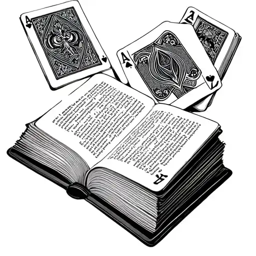 A black and white line art tattoo design featuring an open book with detailed pages, a deck of cards prominently display tattoo design idea