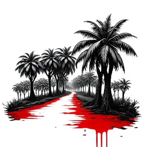 a endless road with many cocoa trees on the side with blood tattoo design idea