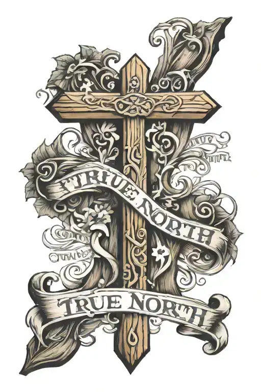 wooden cross with words True North Strong and Free tattoo design idea