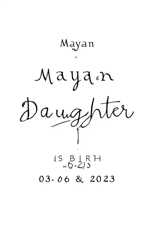 The name of the Mayan daughter and the date of birth 03 06 2023 with the hand of mom and daughter tattoo design idea