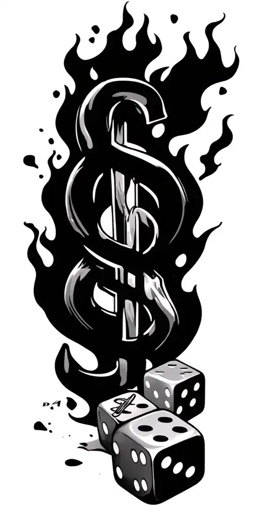 Candle, dollar sign, glock pistol, fire, dices, 'B4L' text gangster font, dice in fire, smoke tattoo design idea