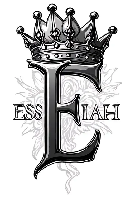The name Essiah in vertically with a kings crown on top of the E tattoo design idea