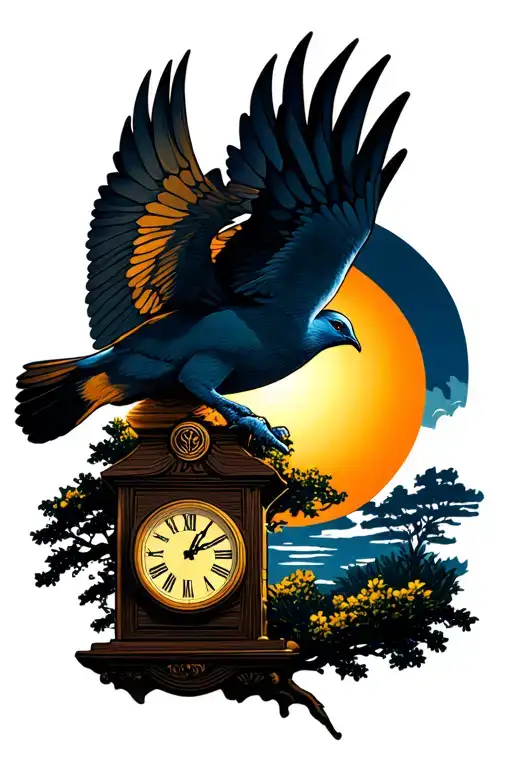 Dove flying towards sun with eye clock and tree tattoo design idea