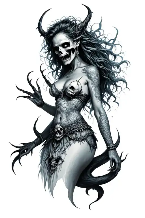 evil beautiful and scary siren with fangs and skulls around her tattoo design idea