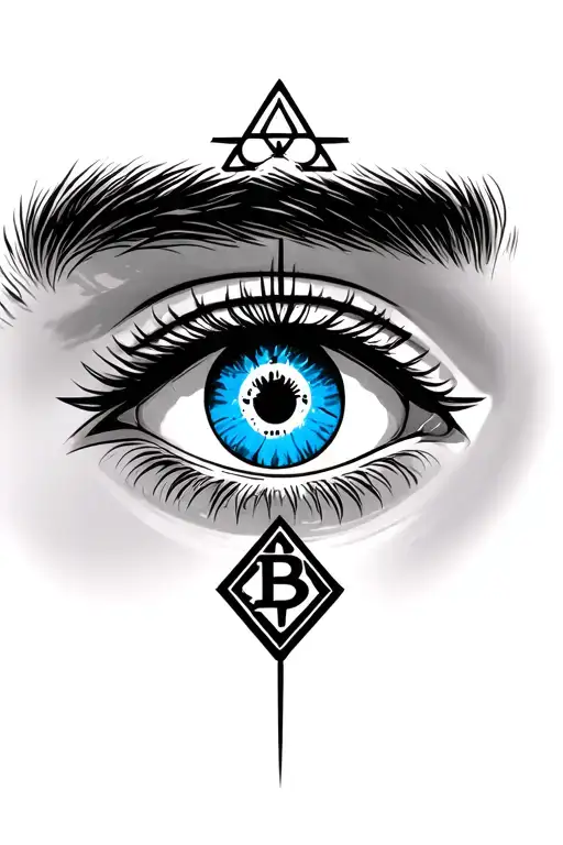 Remove eyebrow, Feminine Eye, minimal sky blue iris & bitcoin logo in the pupil. Dark outline, illuminati logo tattoo design idea