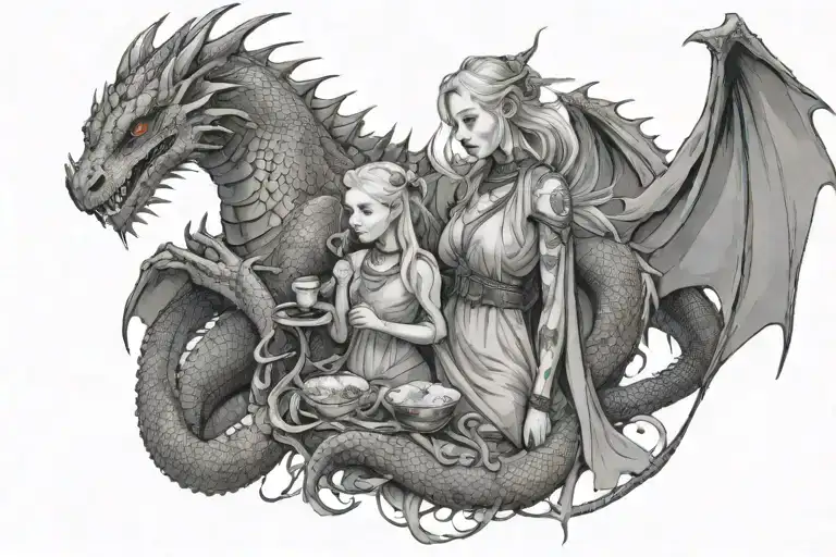 mother of 3 dragons standing in front of them eating tattoo design idea