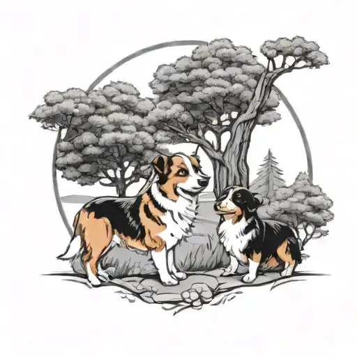 A corgi and Bernese mountain dog playing together under the shade of a majestic tree of life, symbolizing the client's love for their favorite pets and nature tattoo design idea