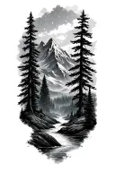 mountains pine trees rivers forming from the storm tattoo design idea