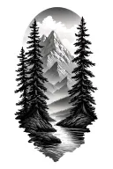 mountains pine trees rivers forming from the storm tattoo design idea