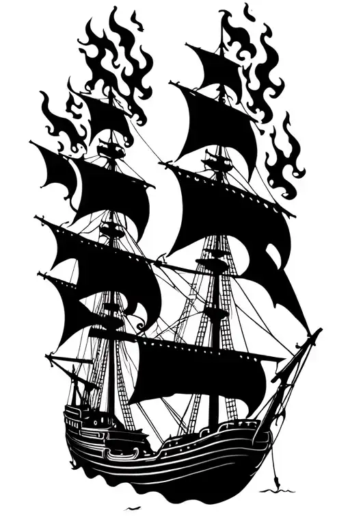 multiple Spanish galleons on fire flames tattoo design idea