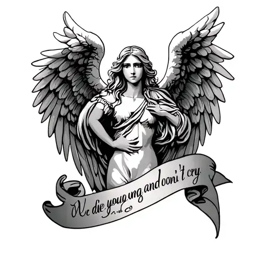 Tattoo with a written angel we die young and don't cry tattoo design idea