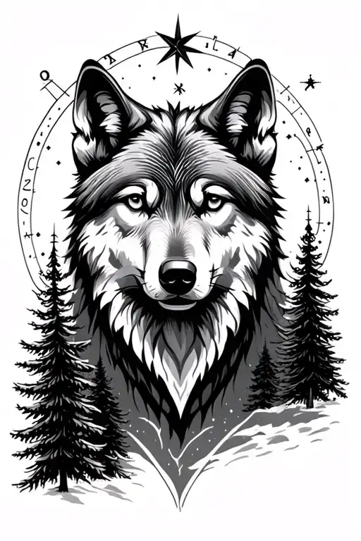 libra star constellation above wolf head above pine forest scene tattoo design idea