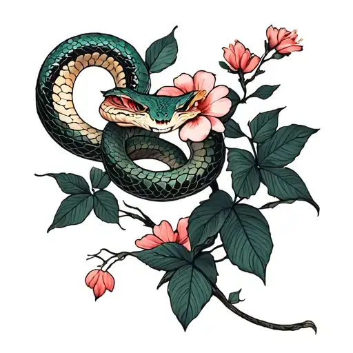 Japanese flowers and snake tattoo design idea