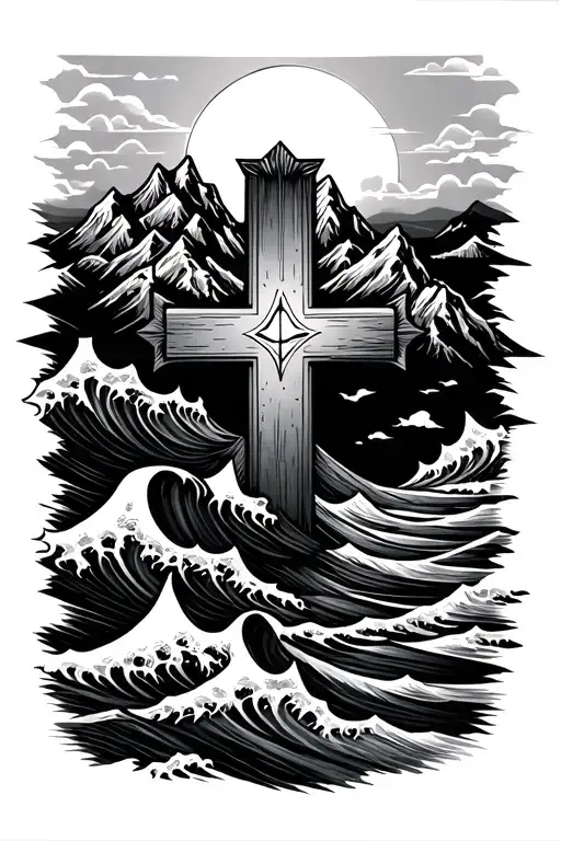 cool cross with mountains and waves inside it only inside of it  tattoo design idea