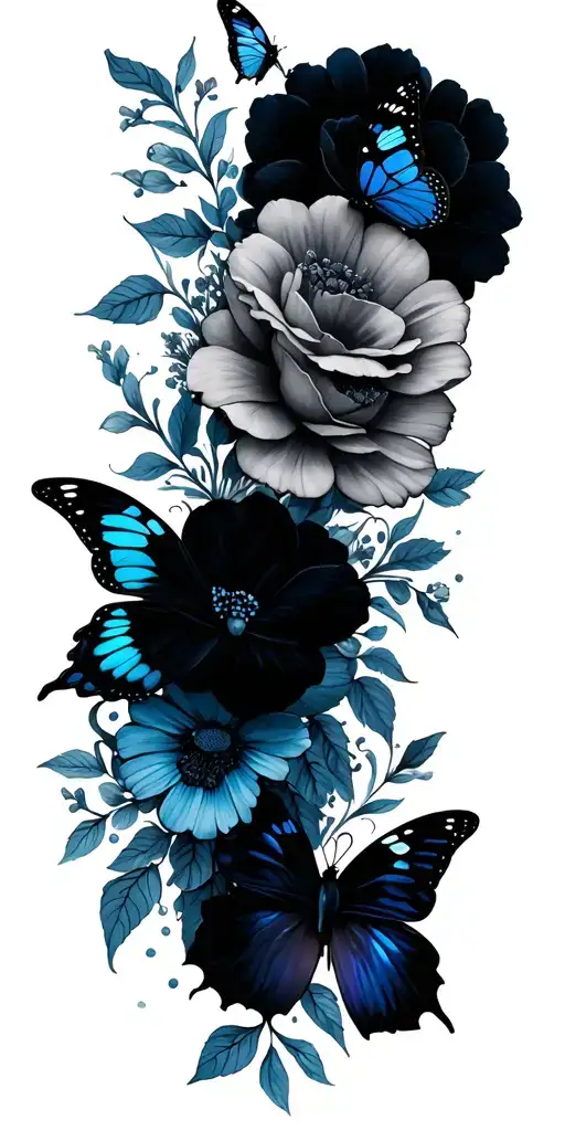floral sleeve with a small amount of blue and butterflies tattoo design idea