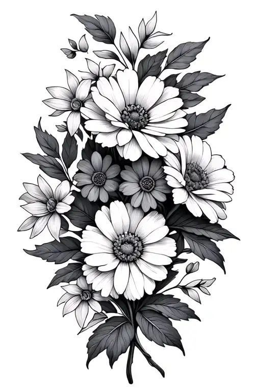 birth month flower cluster for May, March, April and December, fine lines,  tattoo design idea