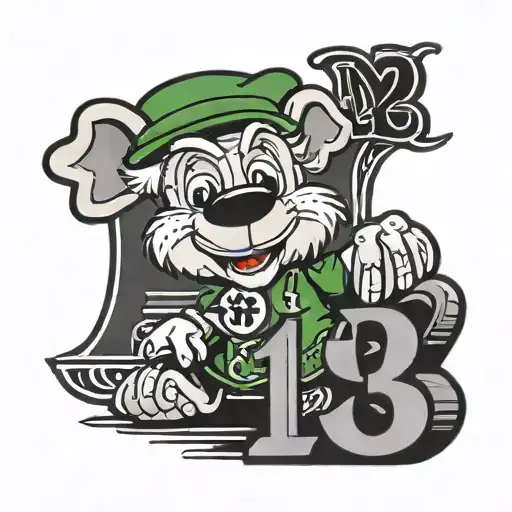 IRISH NOTRE DAME MASCOT WITH NUMBER 13, CLOVER, DICE WITH NUMBERS 5 AND 2, HORSESHOE, NUMBER 13 tattoo design idea