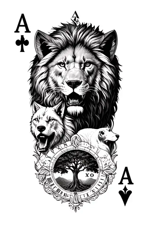 lion and a wolf and the valley of the shadow of death and the tree of life and a clock and the A's of spades  tattoo design idea