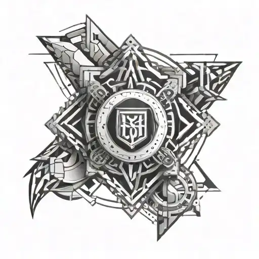 An abstract geometric design incorporating elements of a school emblem and futuristic technology tattoo design idea