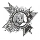 An abstract geometric design incorporating elements of a school emblem and futuristic technology tattoo design idea