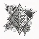 An abstract geometric design incorporating elements of a school emblem and futuristic technology tattoo design idea