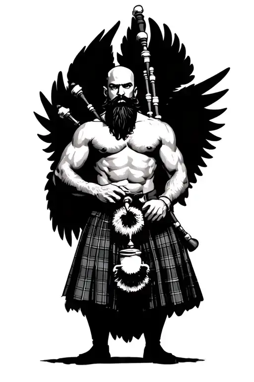 legless shirtless muscular bagpiper bald black beard playing bagpipes hoge black wings tattoo design idea