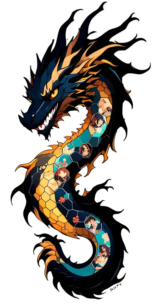 Sleeve tattoo made of small hexagons, each with a unique anime reference. Together, they form a dragon silhouette. Style tattoo design idea
